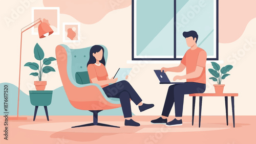 Couple working and relaxing in a cozy room with plants and artwork