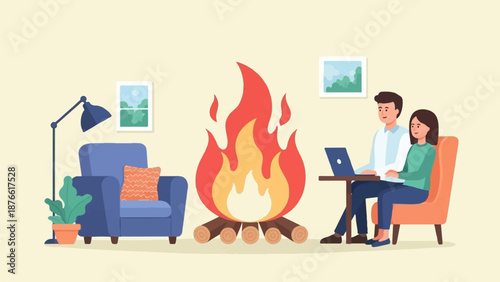 Couple working by indoor fire