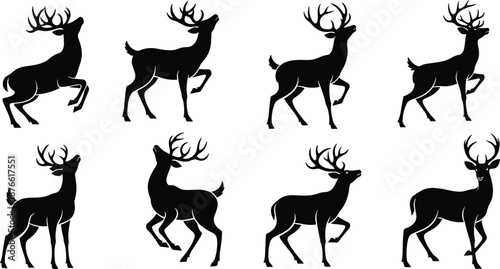 Stylized deer silhouette set, antlered wildlife in motion, black animal poses, vector nature graphic, graceful stance illustration