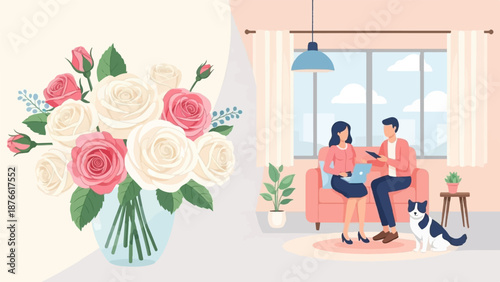 Couple working on laptop and tablet in living room with bouquet of roses and cat nearby