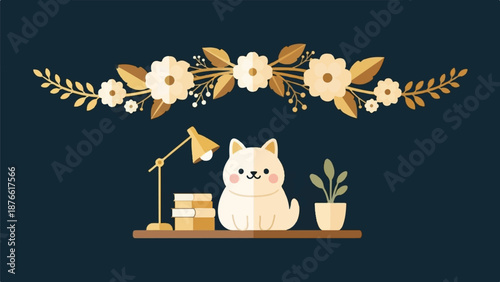 Cute cat on shelf with lamp, books, plant, and floral decor