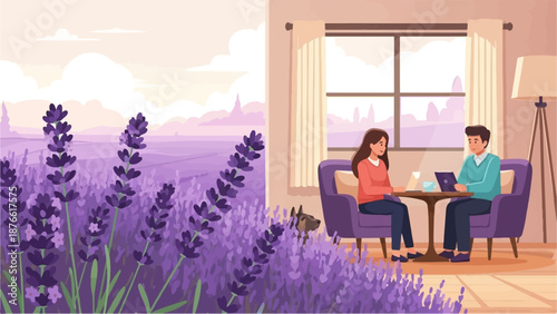 Couple working on laptops in a cozy room with a lavender field view