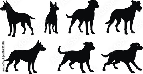 Stylized dog silhouette set, diverse breed shapes and poses, black pet graphic, vector animal illustration design
