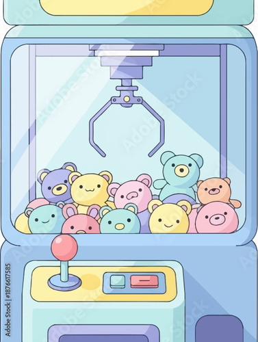 Cute claw machine filled with colorful plush teddy bears, ready for winning