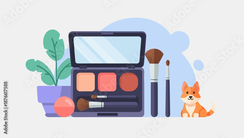 Cute corgi dog near makeup brushes, a plant, and a blush palette on a blue background