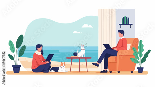 Couple working on laptops with pets by the sea, with plants and books