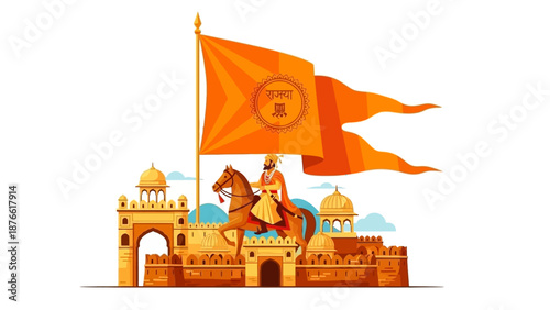Vector illustration of a character on horseback riding past a fort with a flag on Shiv Jayanti in India with warm tones.