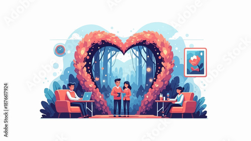 Couple embraces under heart archway, others dine and work in charming, stylized setting