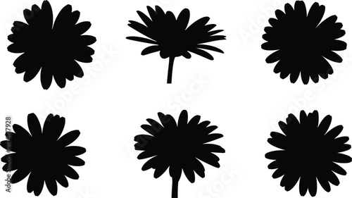 Stylized flower silhouette set, black floral shapes, petal variation, nature icon, vector design, botanical art, decorative bloom illustration