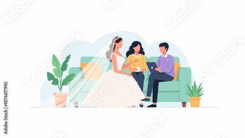 Couple consults with a bride, seated on a sofa with plants