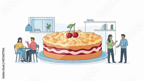 Four people enjoy a coffee break with a large cherry-topped crumb cake in a minimalist cafe setting