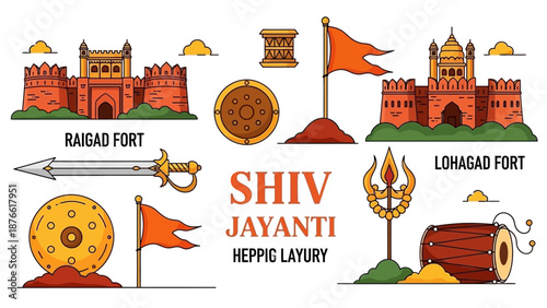 A vibrant vector illustration celebrating Shiv Jayanti with iconic Indian symbols and landmarks in a colorful, graphic composition.