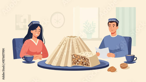 Couple enjoying tea and a large, layered dessert at a table