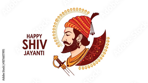Vector illustration of a character celebrating Shiv Jayanti, a significant Indian cultural event, with traditional attire and sword, set against a clean white background with a festive mood.