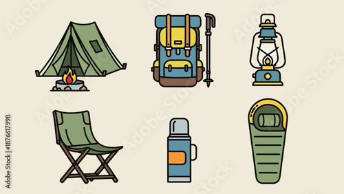 Camping Gear Icons: Tent, Backpack, Lantern, Chair, Thermos, Sleeping Bag