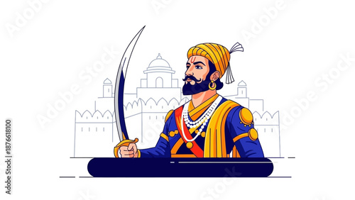 Vector illustration of a character representing Shiv Jayanti, a traditional Indian figure with a sword, against a cityscape background.