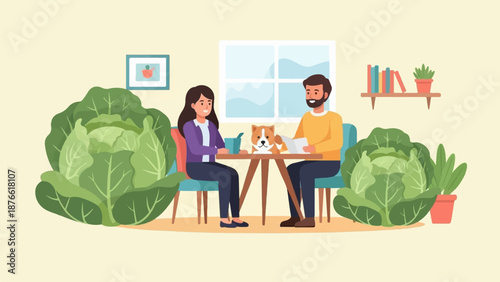 Couple and dog enjoying a meal with giant cabbages
