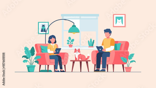 Couple and cat relaxing in living room with plants and artwork, using tablets