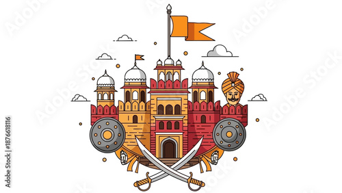 Vector illustration of a colorful Indian fort emblem with swords and wheels on Shiv Jayanti, featuring a character design in a vibrant, celebratory mood against a white background.
