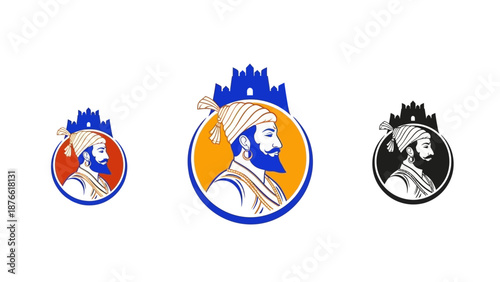 Vector illustration of three colorful Shiv Jayanti character logos with a regal figure and crown on a plain white background.