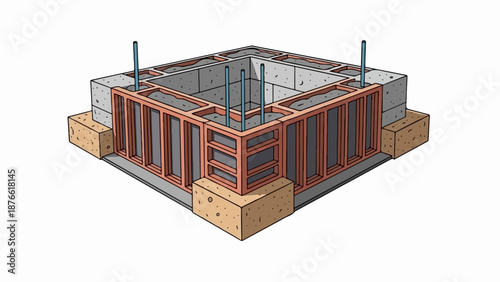 Construction blueprint of a foundation with concrete blocks, steel rods, and terracotta bricks