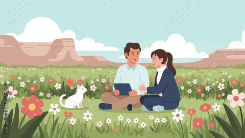 Couple and cat enjoy a picnic in a flower field with distant mountains