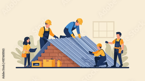 Construction workers installing a metal roof on a building with a person overseeing