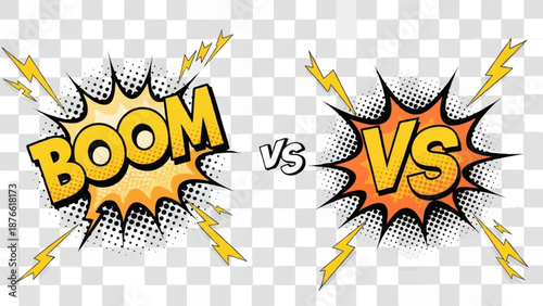 Comic style explosion graphics, "BOOM" on left, "VS" in middle, "VS" on right, with lightning bolts