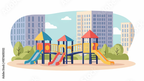 Colorful playground with slides, swings, and bridges against a backdrop of tall buildings and trees