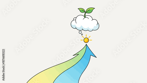 A colorful arrow pointing upwards towards a cloud with a sprouting plant and shining sun