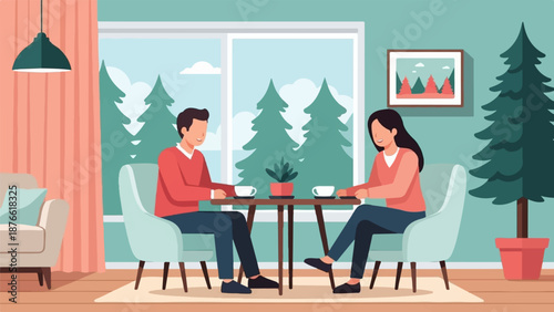 Couple enjoys coffee indoors with a scenic winter forest view and indoor plants