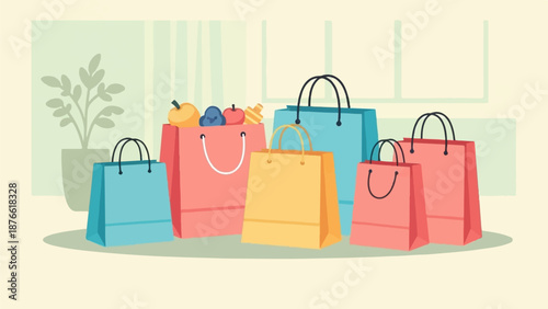 Collection of colorful shopping bags with some items peeking out, including fruit