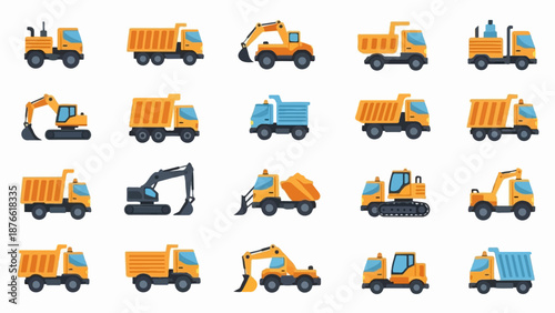 Colorful pixel art depicting various construction vehicles on a white background