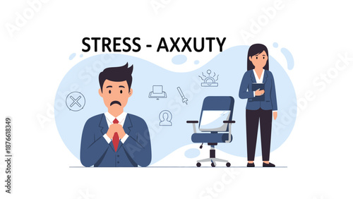 A man experiencing stress and anxiety in a workplace setting with a woman standing nearby