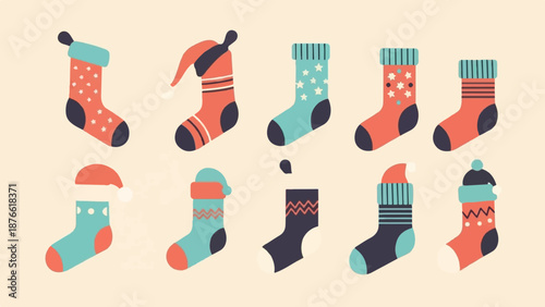 Collection of colorful, festive Christmas stockings with various patterns and Santa hats