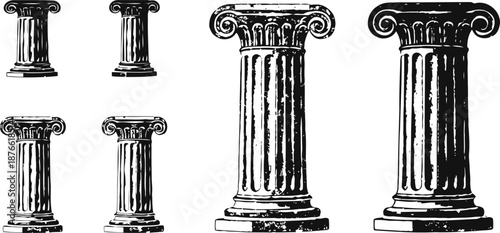Ancient greek ionic columns set classical architecture elements with fluted shafts and ornate capitals in black and white illustration