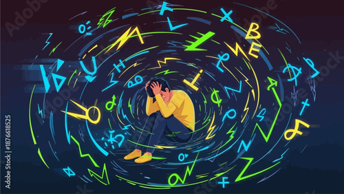 A person overwhelmed by a swirling vortex of colorful symbols and letters in a dark environment