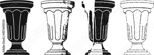 classic decorative urn silhouette and outline set with vintage texture and worn effect