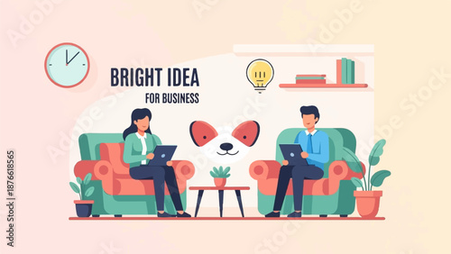 Colleagues brainstorm, discuss ideas, and collaborate using laptops in a cozy office setting