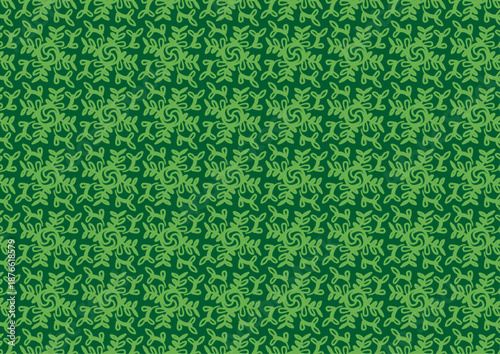 緑の葉模様が渦状に広がるボタニカルパターン背景｜葉、植物、自然、模様