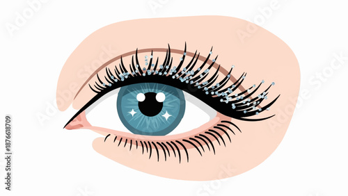 Close-up of a blue eye with sparkling, glitter-adorned eyelashes and a peachy eyelid