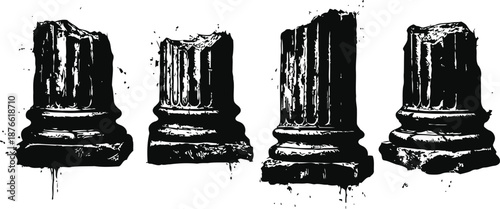 Ancient broken stone columns in black and white silhouette with rough texture