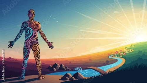 A person with a vibrant, swirling body pattern walks along a winding path towards a serene landscape with pyramids at sunrise from a slightly elevated viewpoint