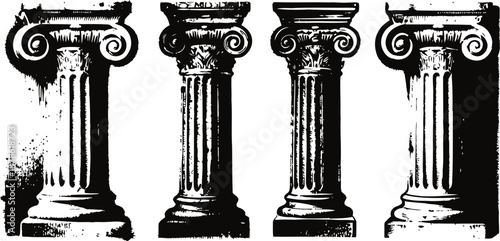 Four classical greek and roman architectural columns with detailed corinthian, ionic, and doric styles