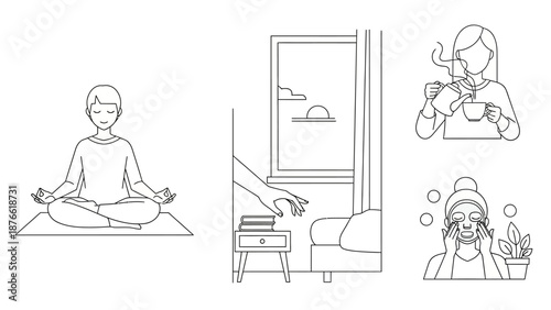 A person meditating peacefully in a serene indoor environment with elements of nature and relaxation techniques