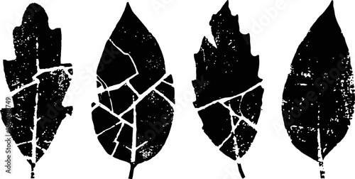 set of four distressed black silhouette leaves with cracked and worn texture designs