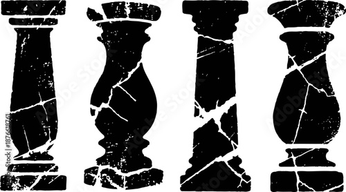 four cracked vintage columns silhouettes, classical architectural elements in distressed