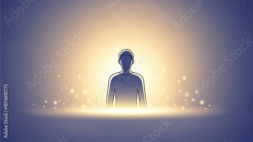 A serene figure stands centered amidst a warm, radiant glow surrounded by floating lights