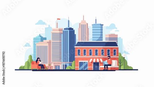 Cityscape with people relaxing and working outdoors near a small shop and tall buildings