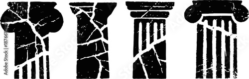 Four ancient classical columns with broken and cracked details in black and white
